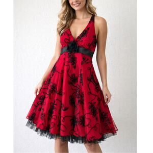 Josh & Jazz Red Black Babydoll Fit & Flare Floral Mini Halter Dress Womens  9/10